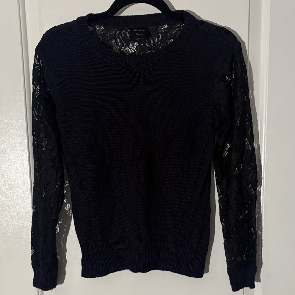 Black Lace-Sleeve Crewneck Sweater